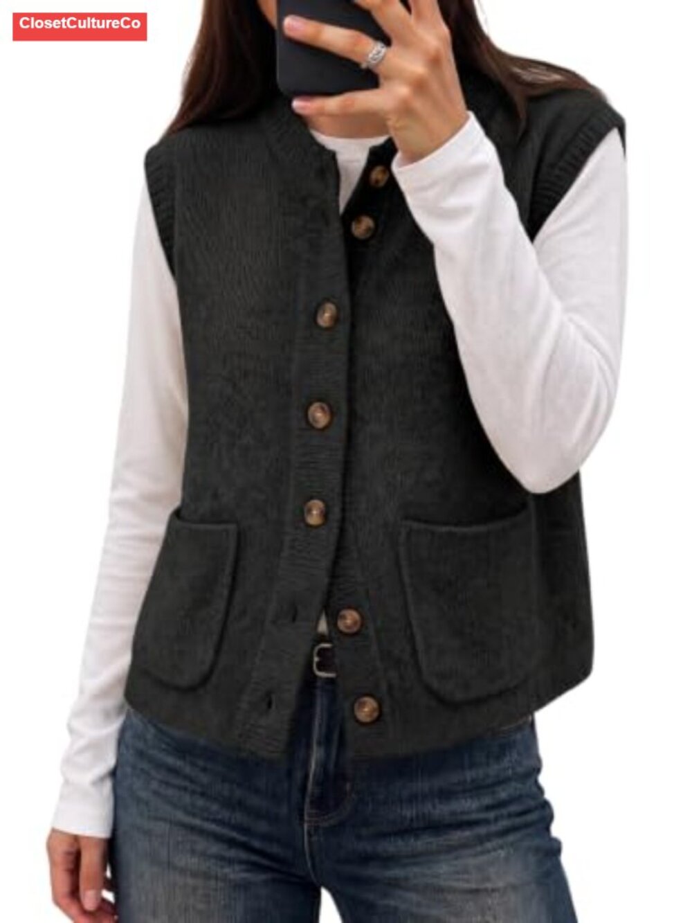 Cap Sleeve Sweater Vest Button Down Sleeveless Cardigan Mock Neck